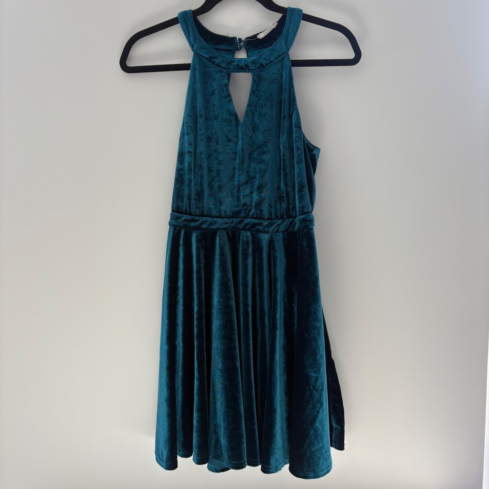 Altar'd State Crushed Velvet Size Large Velour Blue Mini Dress Halter Keyhole‎